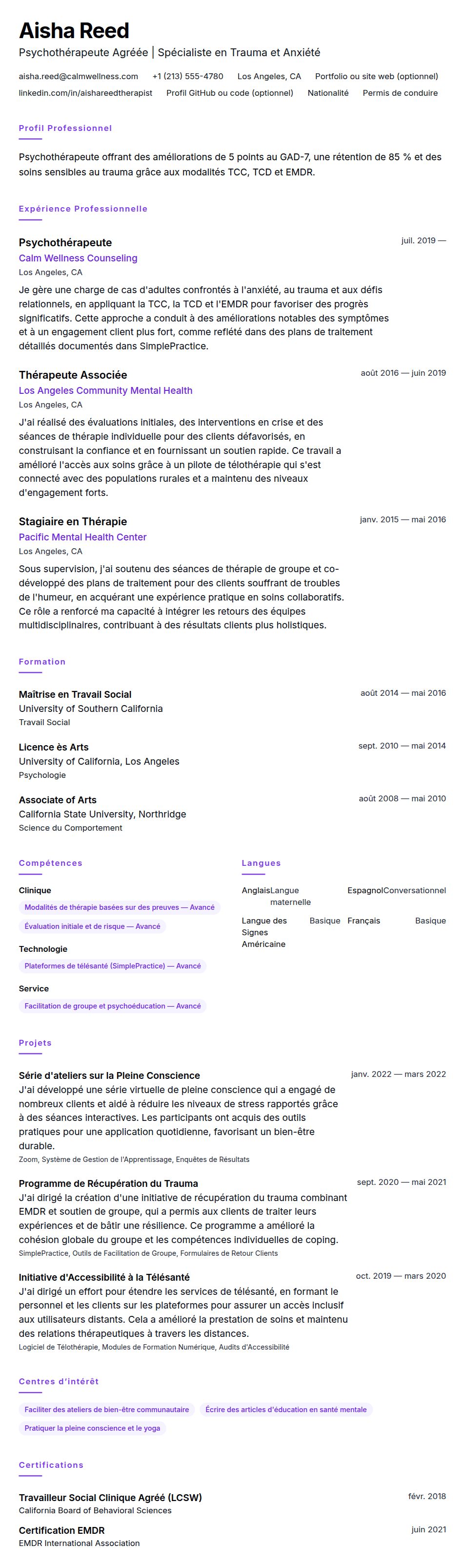 Aperçu du CV Exemple de CV de Psychothérapeute