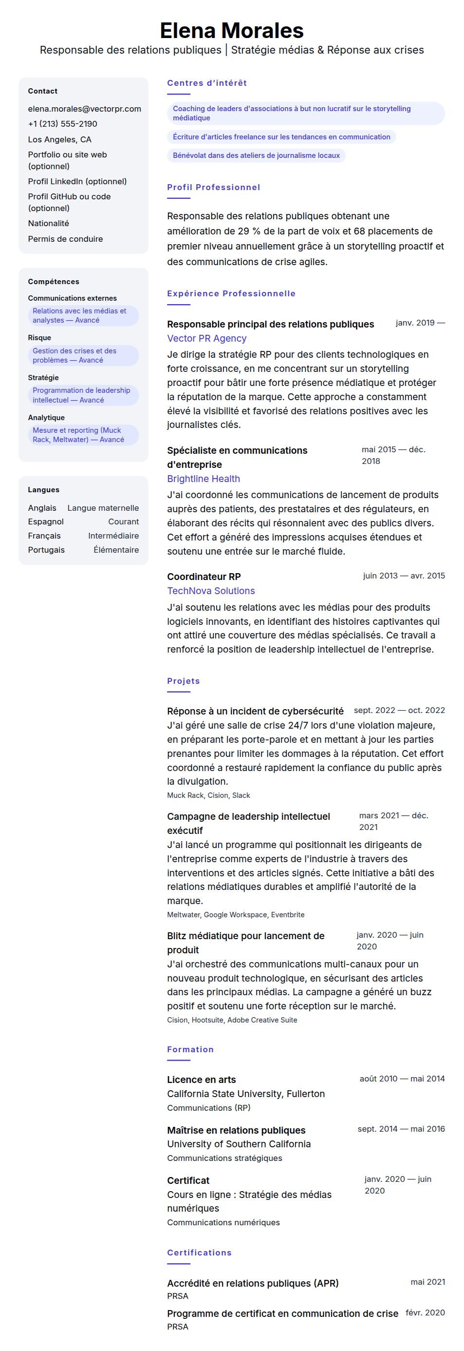 Aperçu du CV Exemple de CV de Responsable des relations publiques