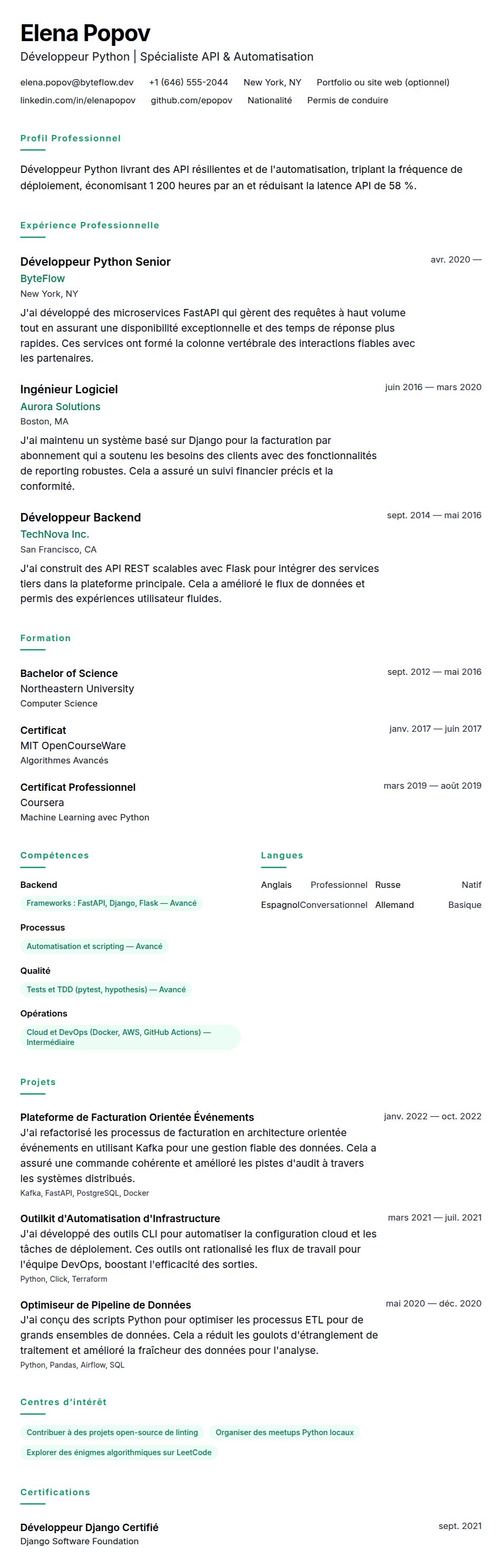 Aperçu du CV Exemple de CV de Développeur Python