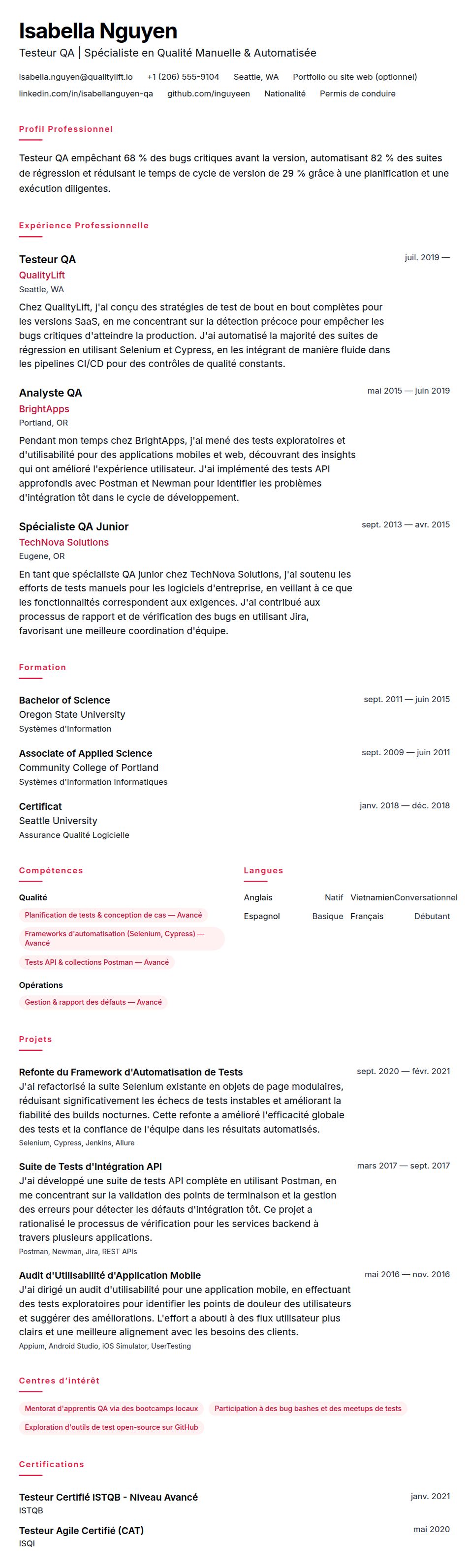 Aperçu du CV Exemple de CV de Testeur QA