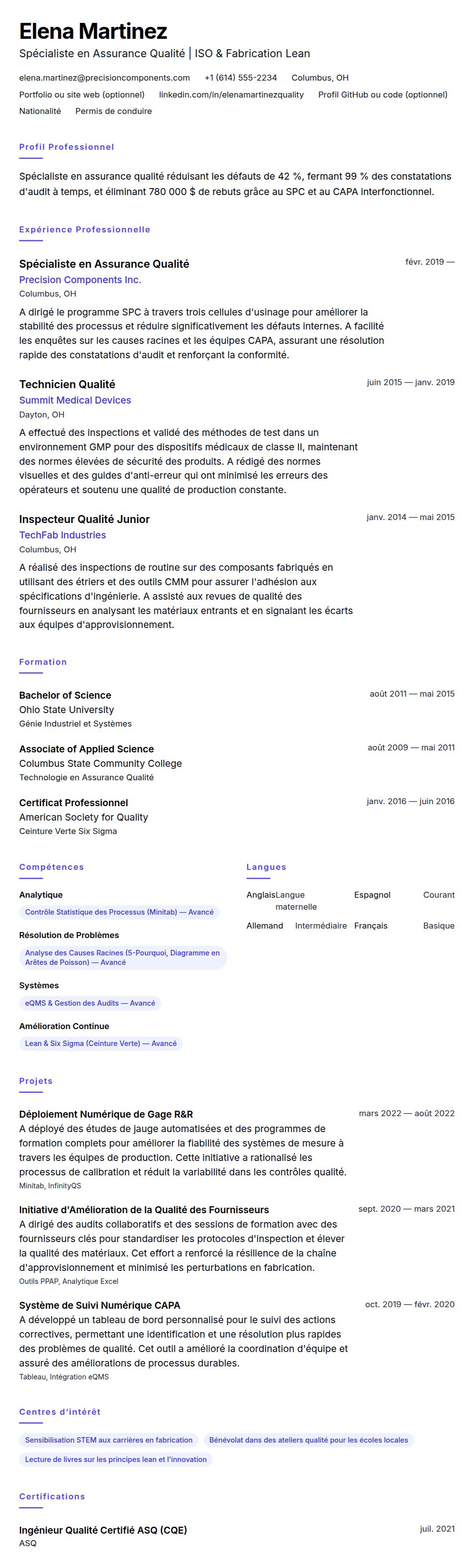 Aperçu du CV Exemple de CV de Spécialiste en Assurance Qualité
