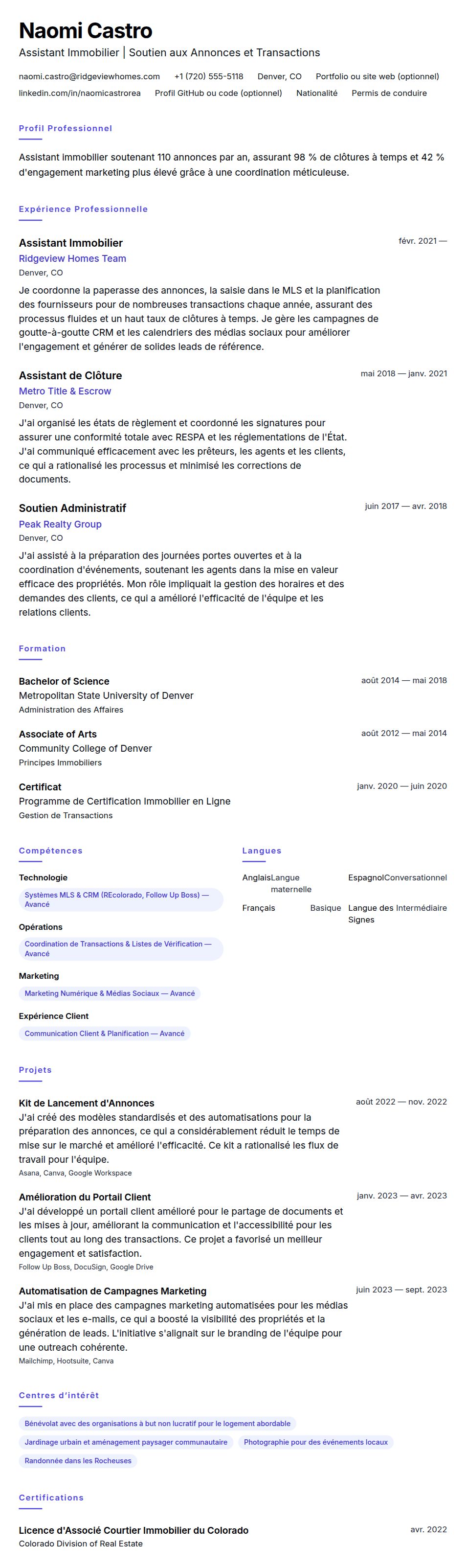 Aperçu du CV Exemple de CV pour Assistant Immobilier