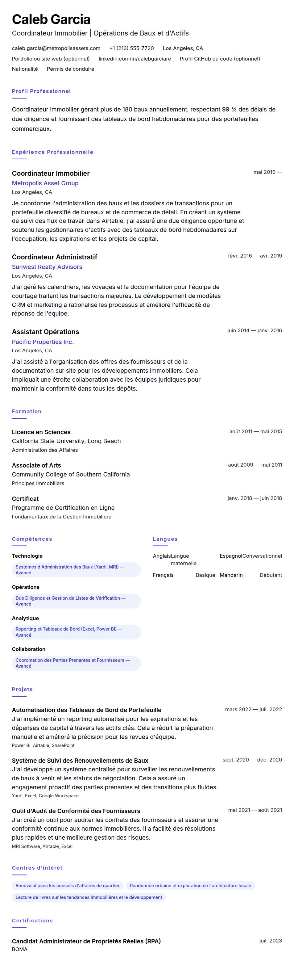 Aperçu du CV Exemple de CV de Coordinateur Immobilier
