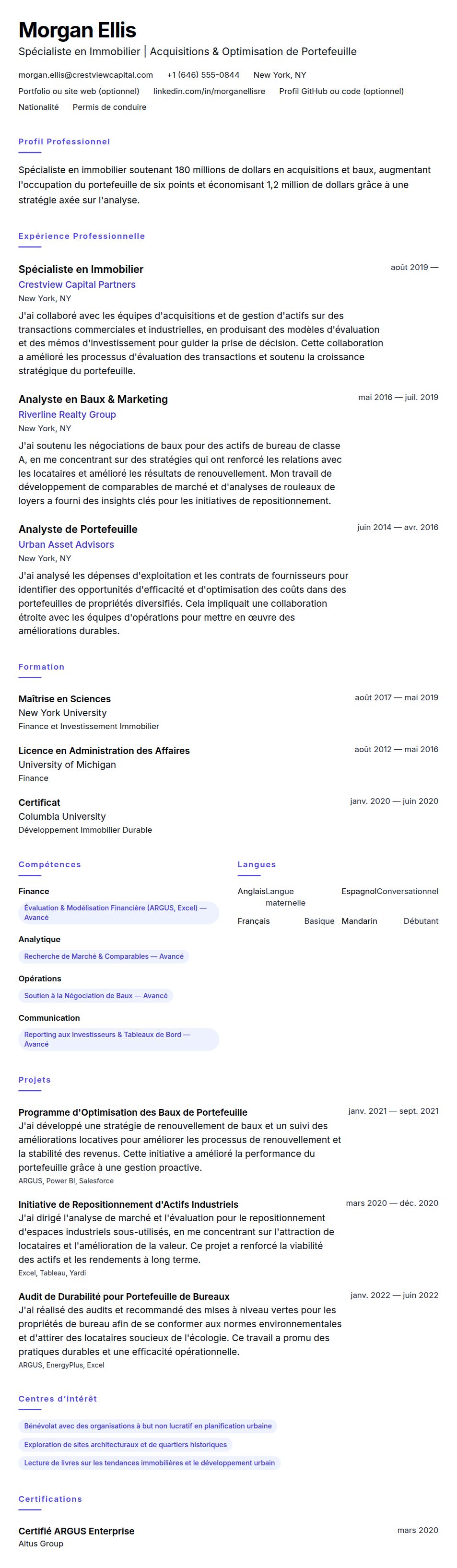 Aperçu du CV Exemple de CV de Spécialiste en Immobilier