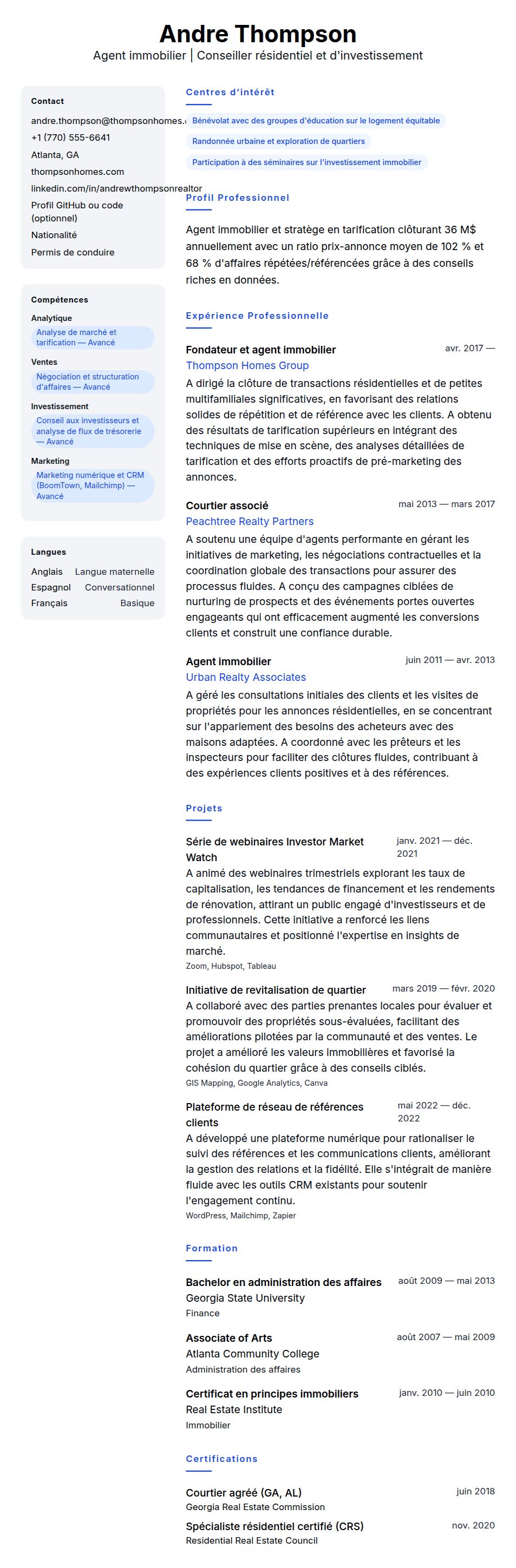 Aperçu du CV Exemple de CV d'agent immobilier