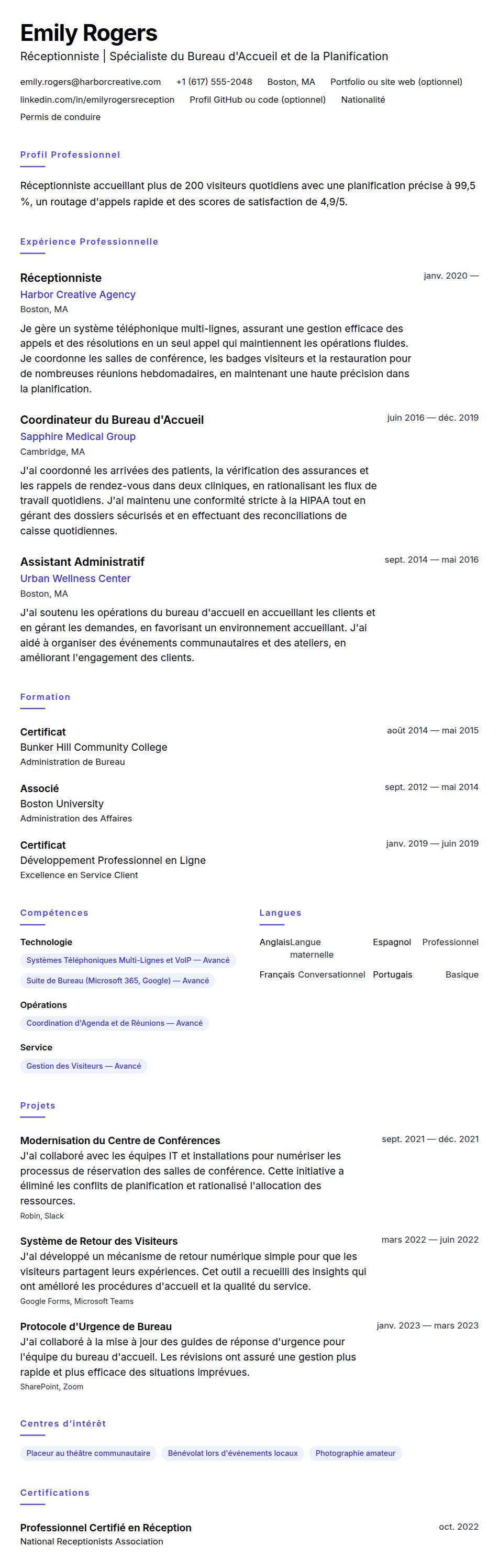 Aperçu du CV Exemple de CV de Réceptionniste