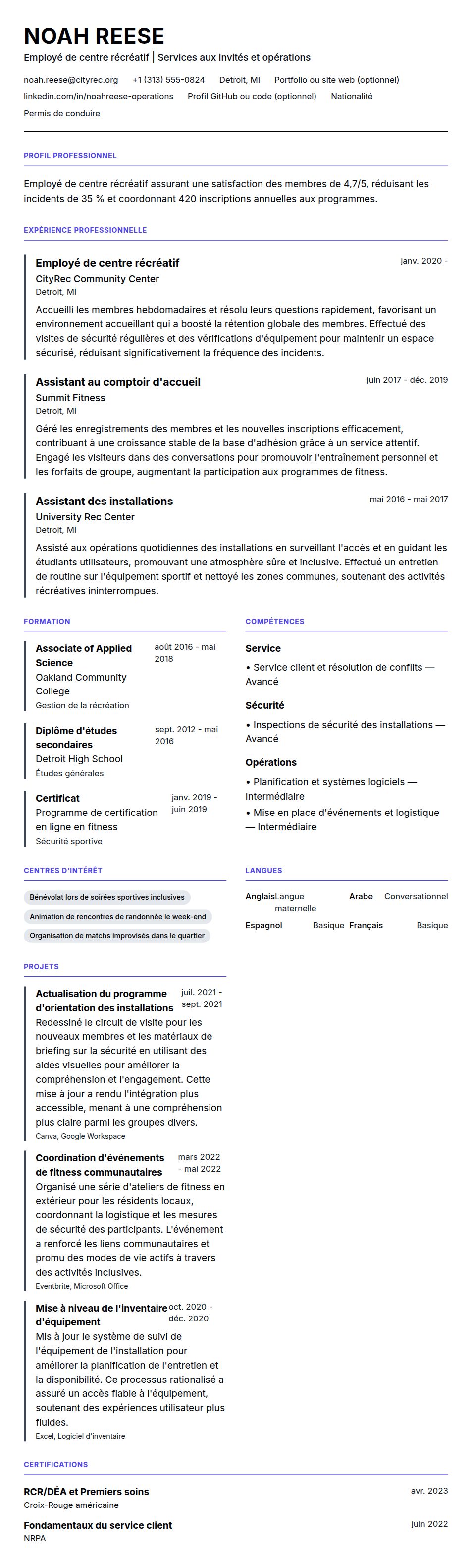 Aperçu du CV Exemple de CV d'employé de centre récréatif