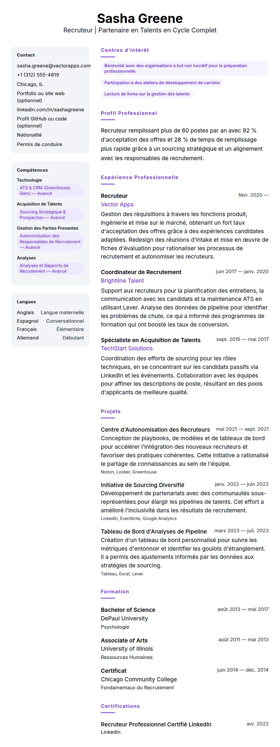 Exemple de CV de Recruteur