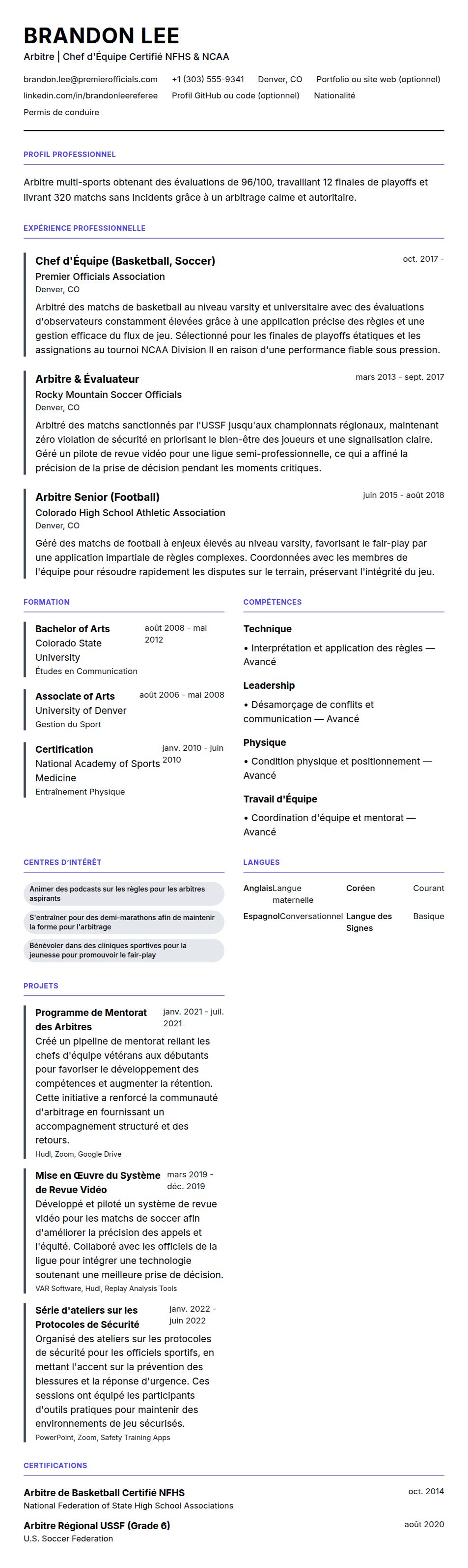Aperçu du CV Exemple de CV d'Arbitre