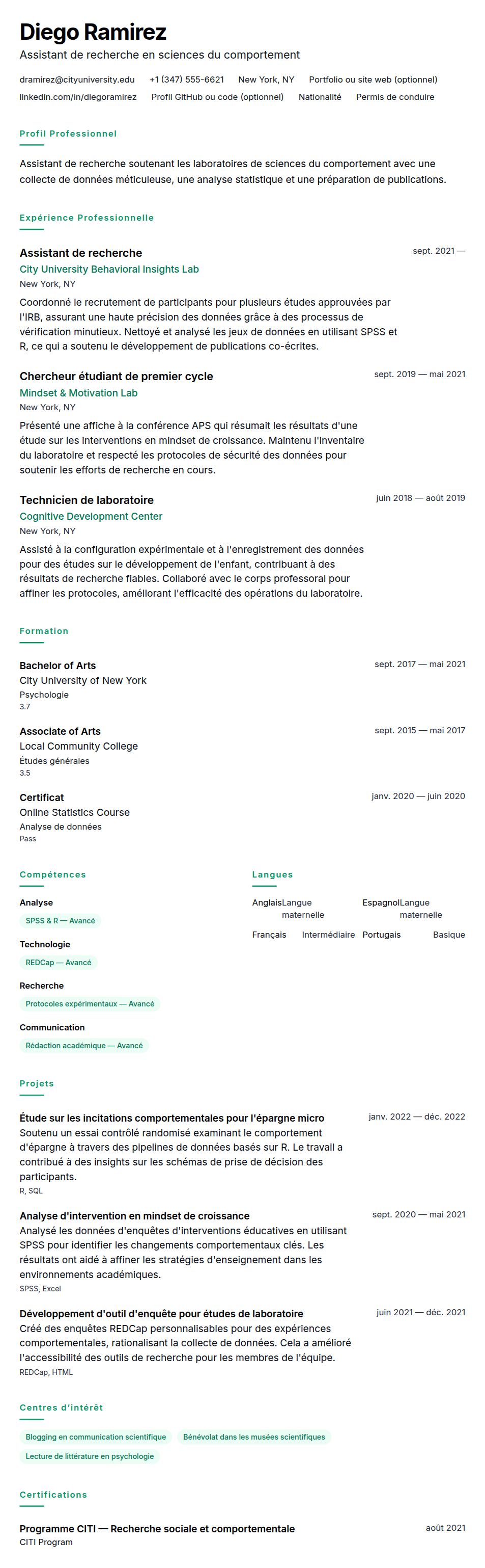 Aperçu du CV Exemple de CV pour Assistant de recherche