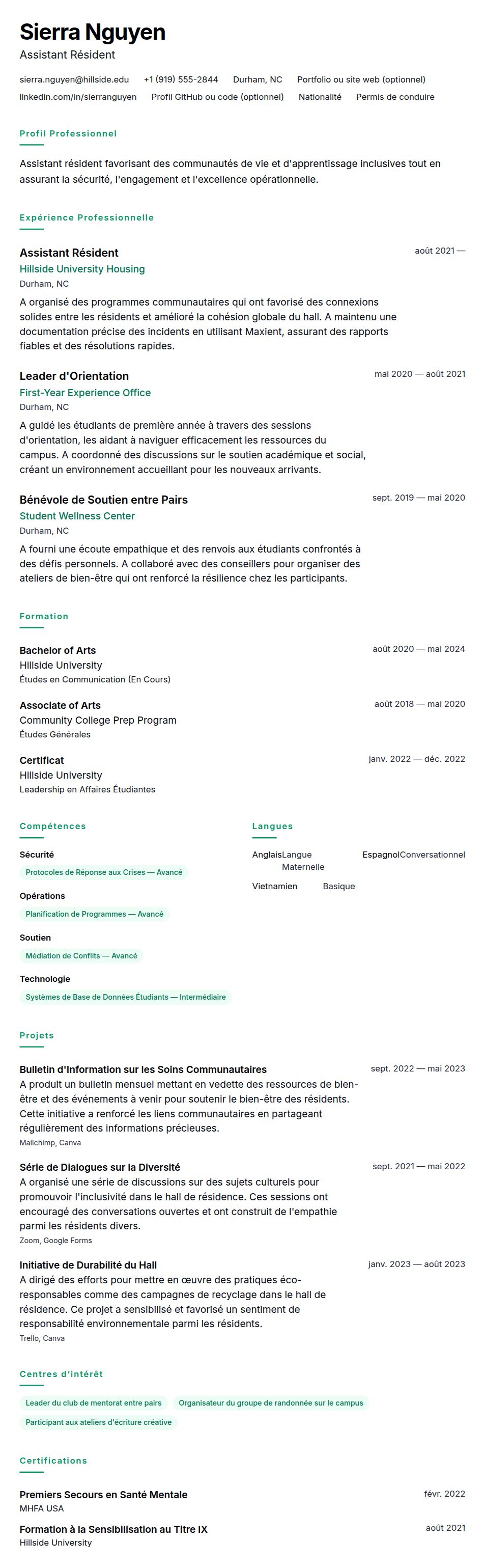 Aperçu du CV Exemple de CV pour Assistant Résident
