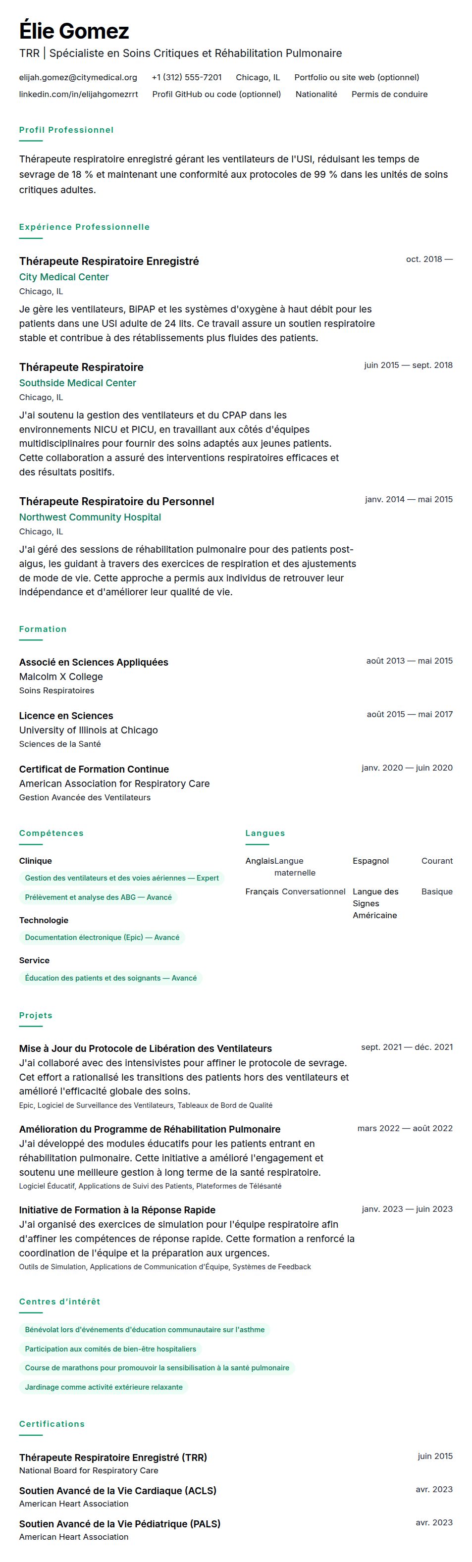 Aperçu du CV Exemple de CV de Thérapeute Respiratoire