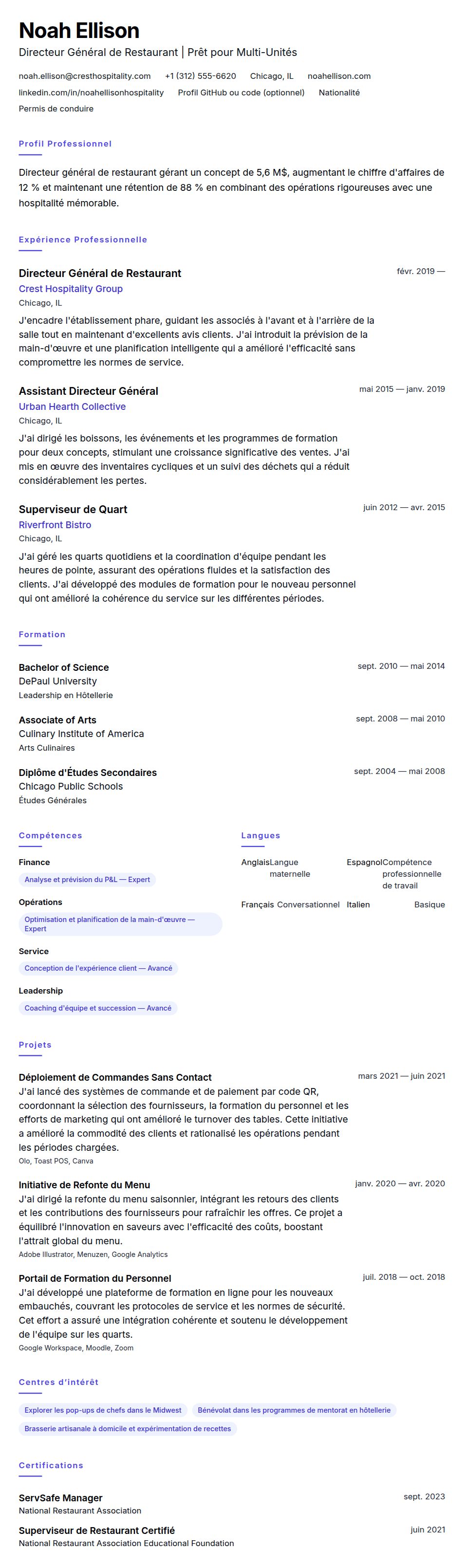 Aperçu du CV Exemple de CV de Directeur de Restaurant