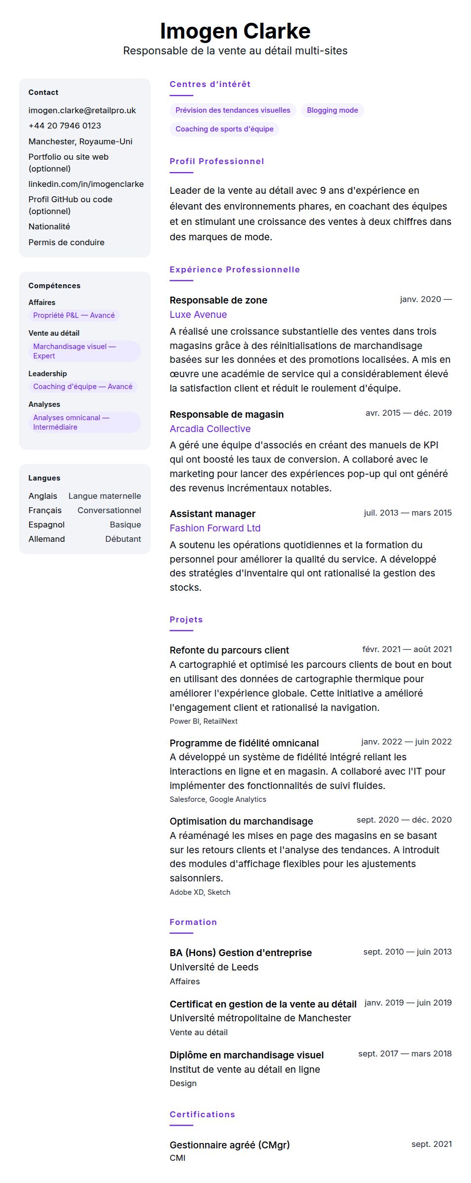 Aperçu du CV Exemple de CV de Responsable de la vente au détail