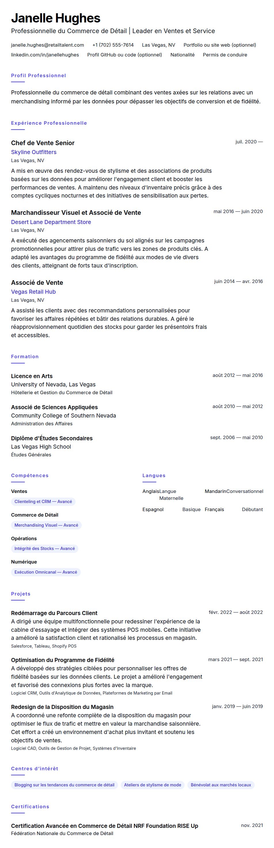 Exemple de CV de Professionnel du Commerce de Détail