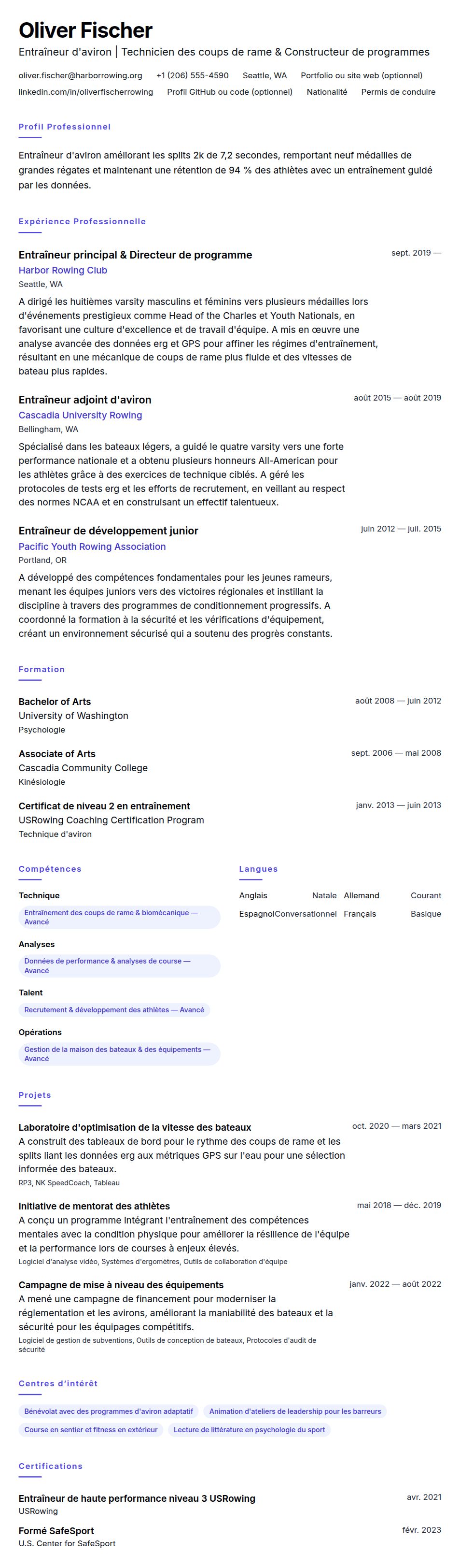 Aperçu du CV Exemple de CV d'Entraîneur d'Aviron