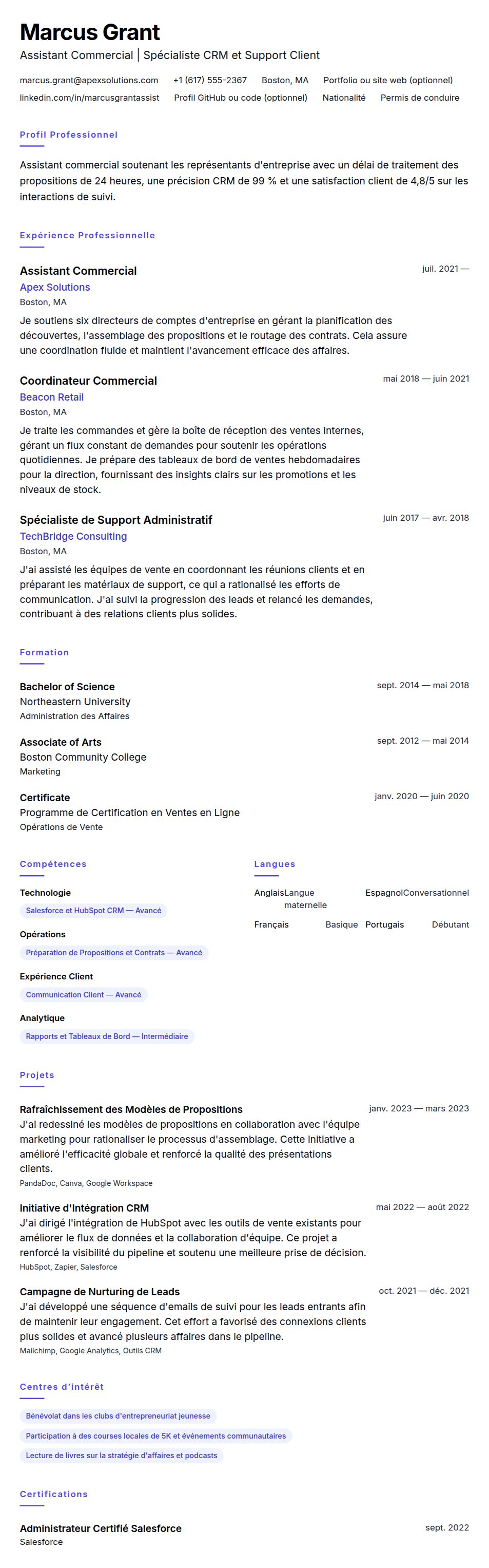 Aperçu du CV Exemple de CV pour Assistant Commercial
