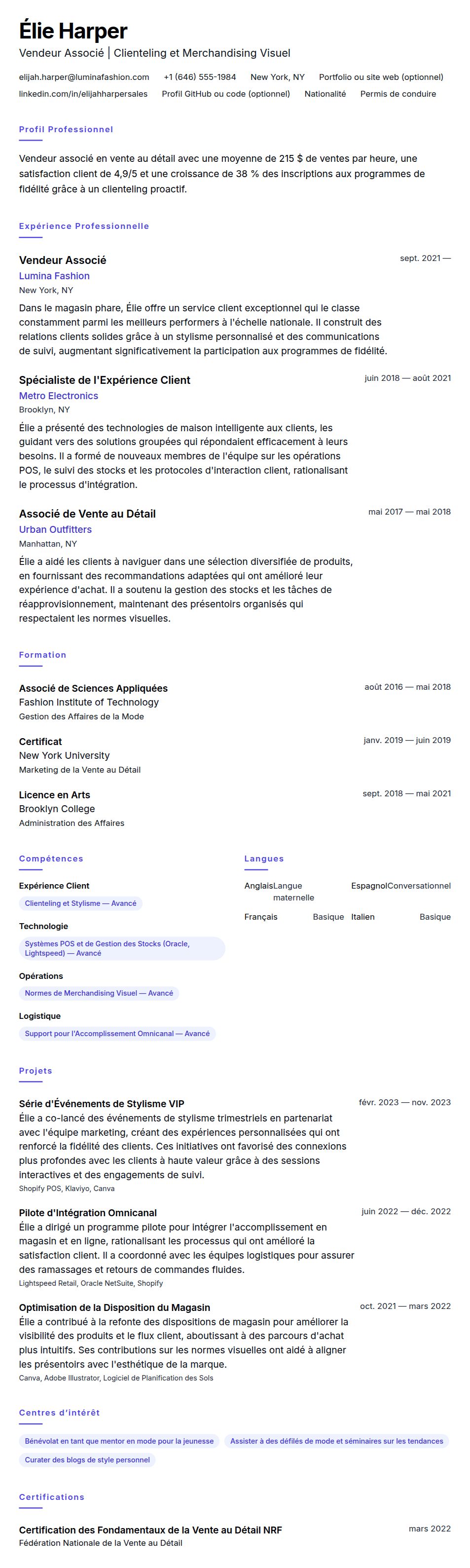 Aperçu du CV Exemple de CV de Vendeur Associé