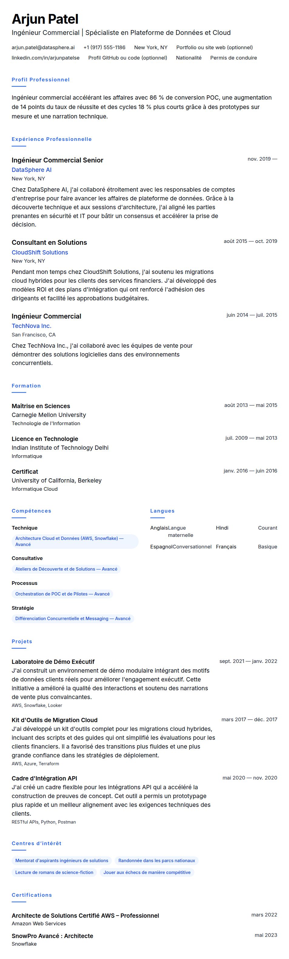 Aperçu du CV Exemple de CV d'Ingénieur Commercial