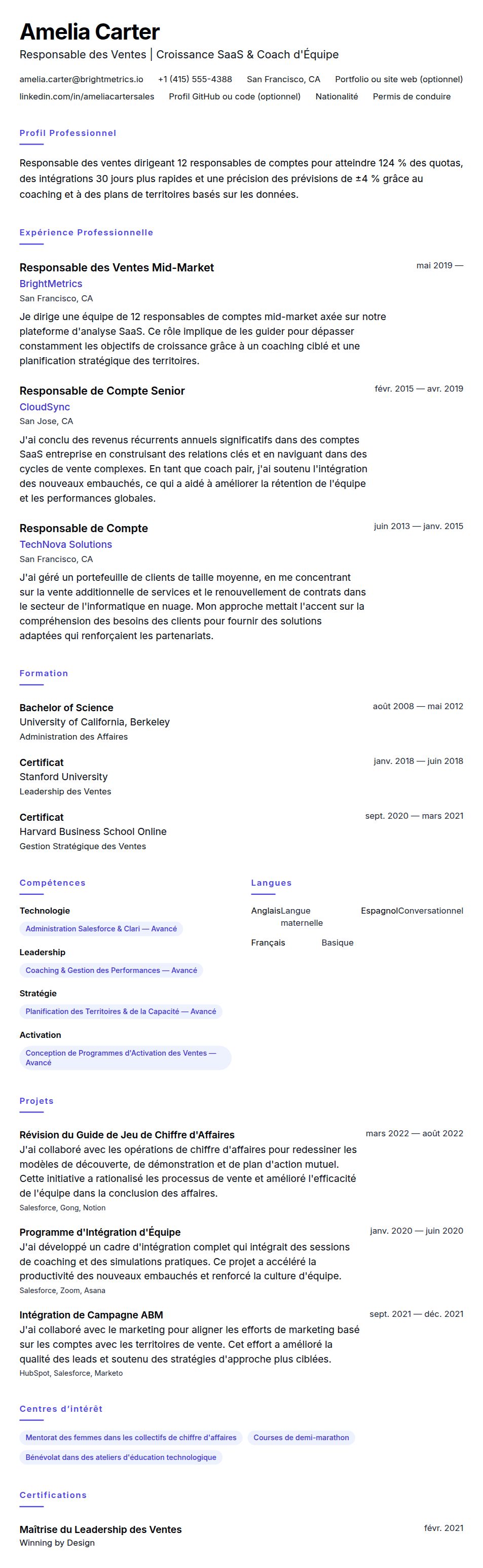Aperçu du CV Exemple de CV de Responsable des Ventes