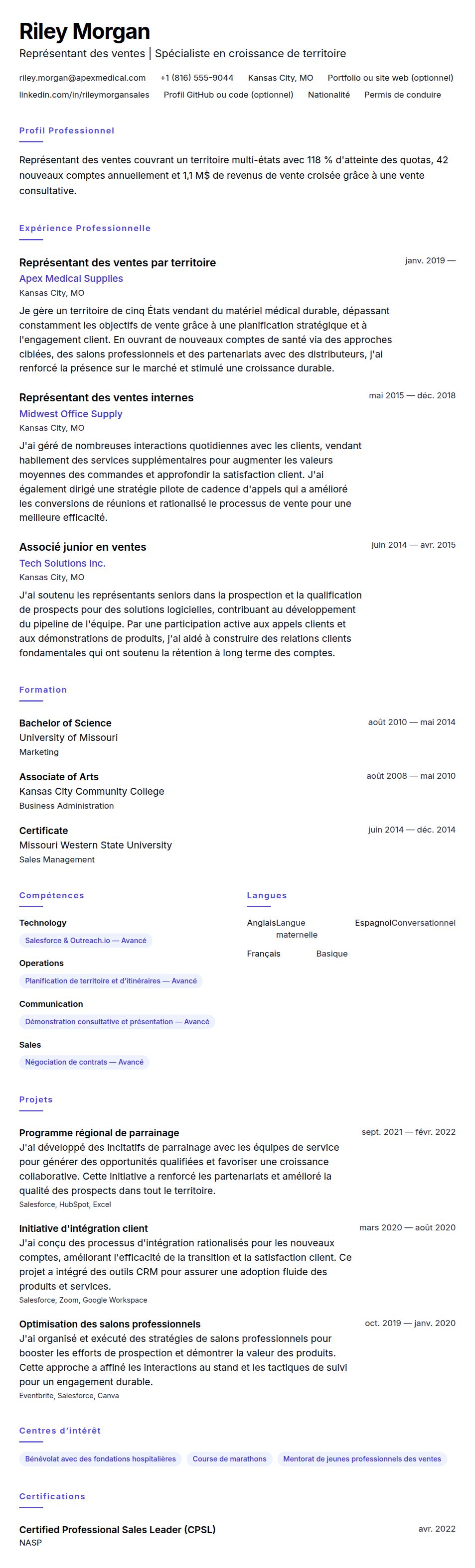 Exemple de CV de Représentant des ventes