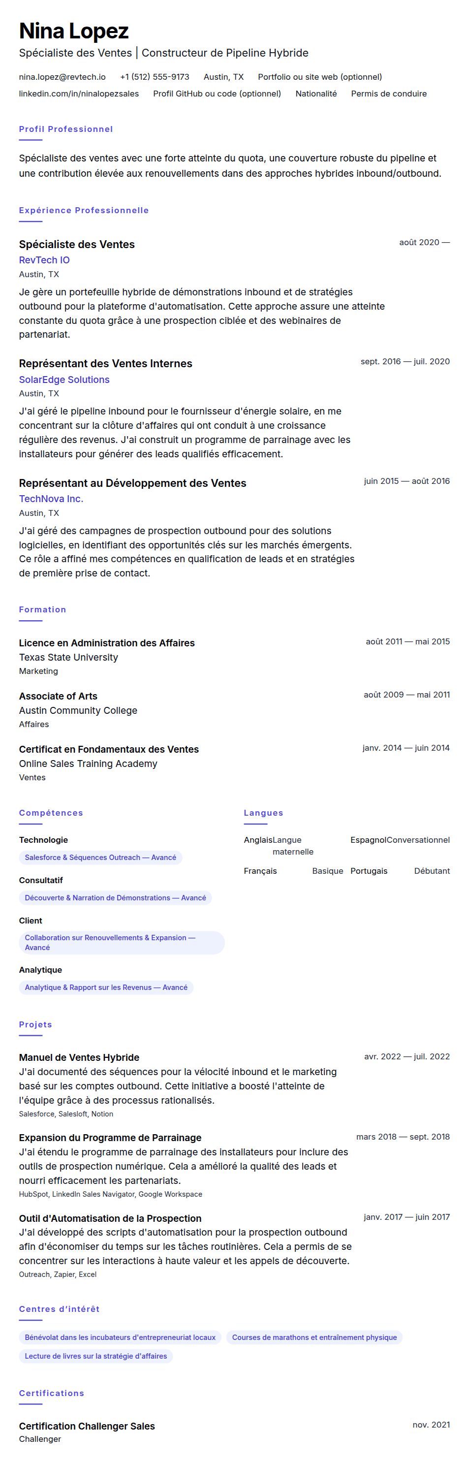 Exemple de CV de Spécialiste des Ventes