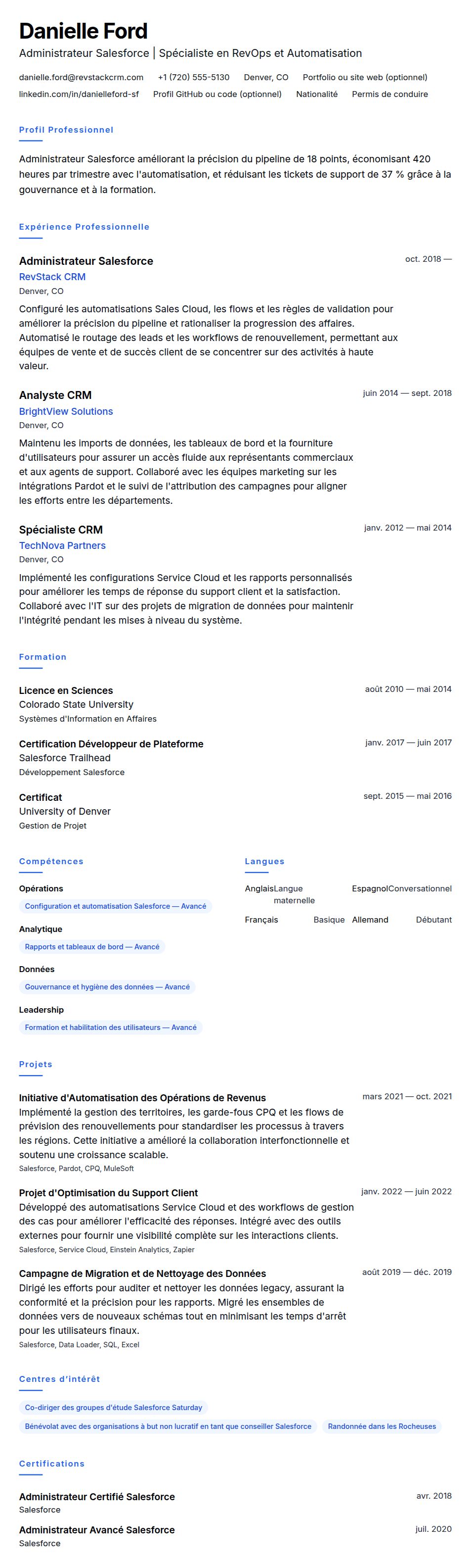 Aperçu du CV Exemple de CV d'Administrateur Salesforce