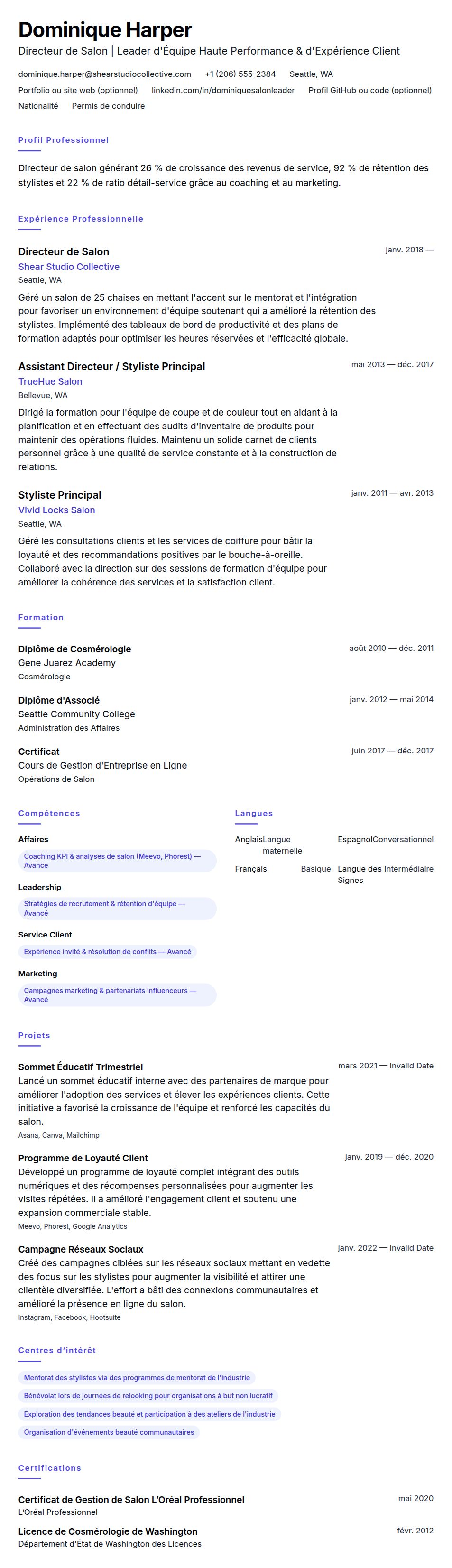Aperçu du CV Exemple de CV de Directeur de Salon