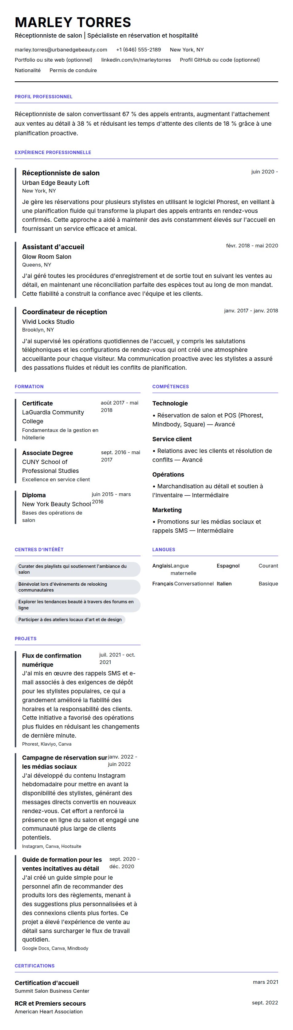Aperçu du CV Exemple de CV de réceptionniste de salon