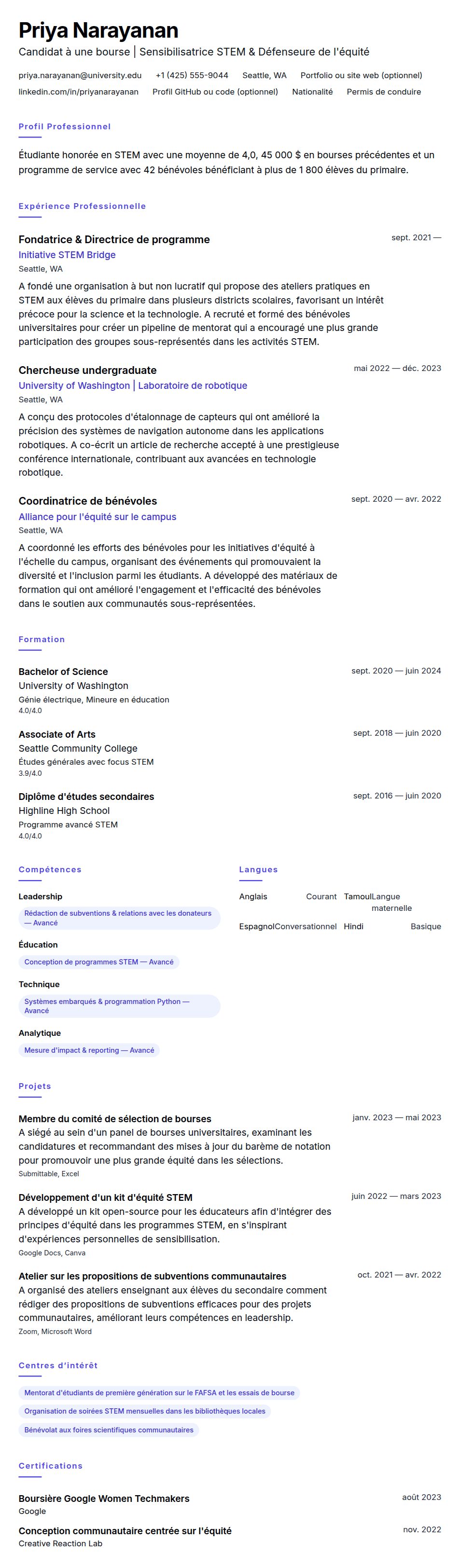 Aperçu du CV Exemple de CV pour bourse