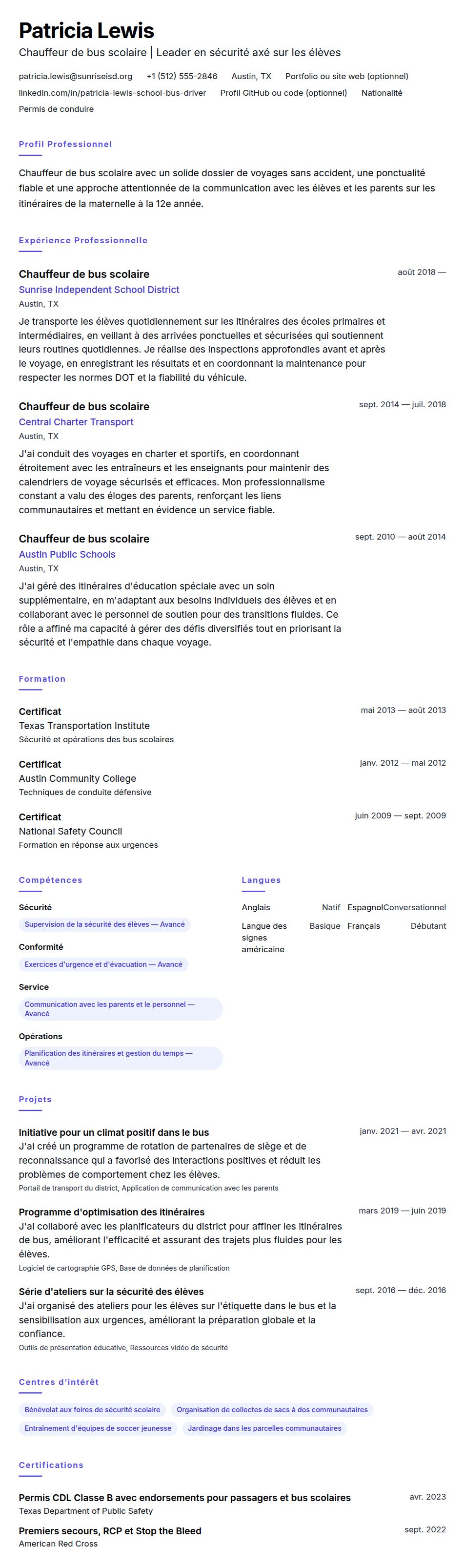 Exemple de CV pour chauffeur de bus scolaire