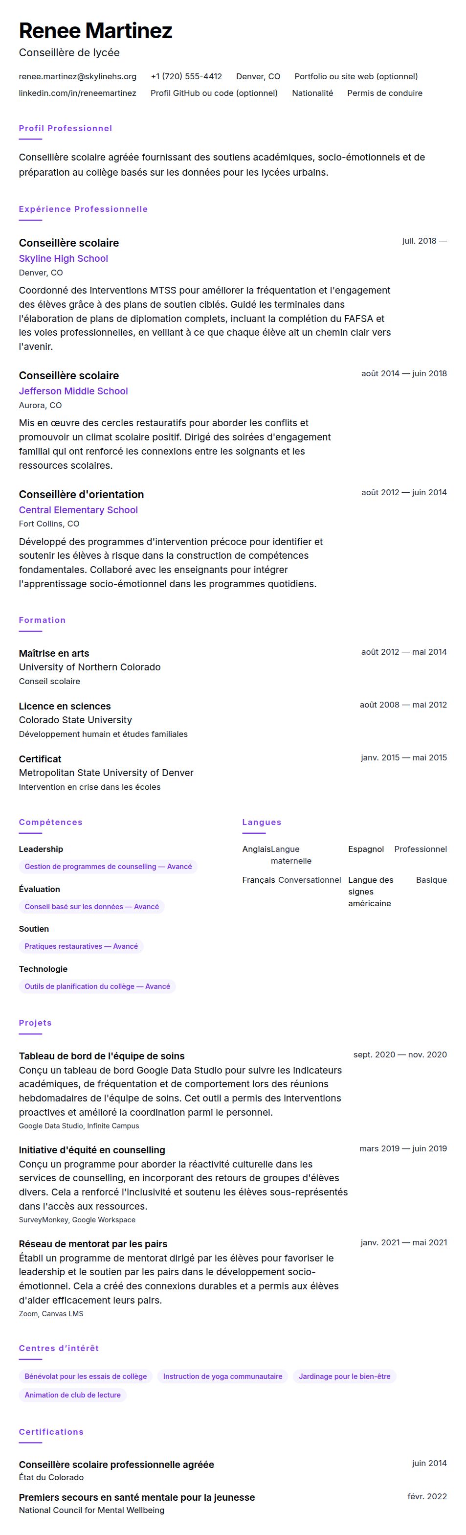 Aperçu du CV Exemple de CV de conseiller scolaire