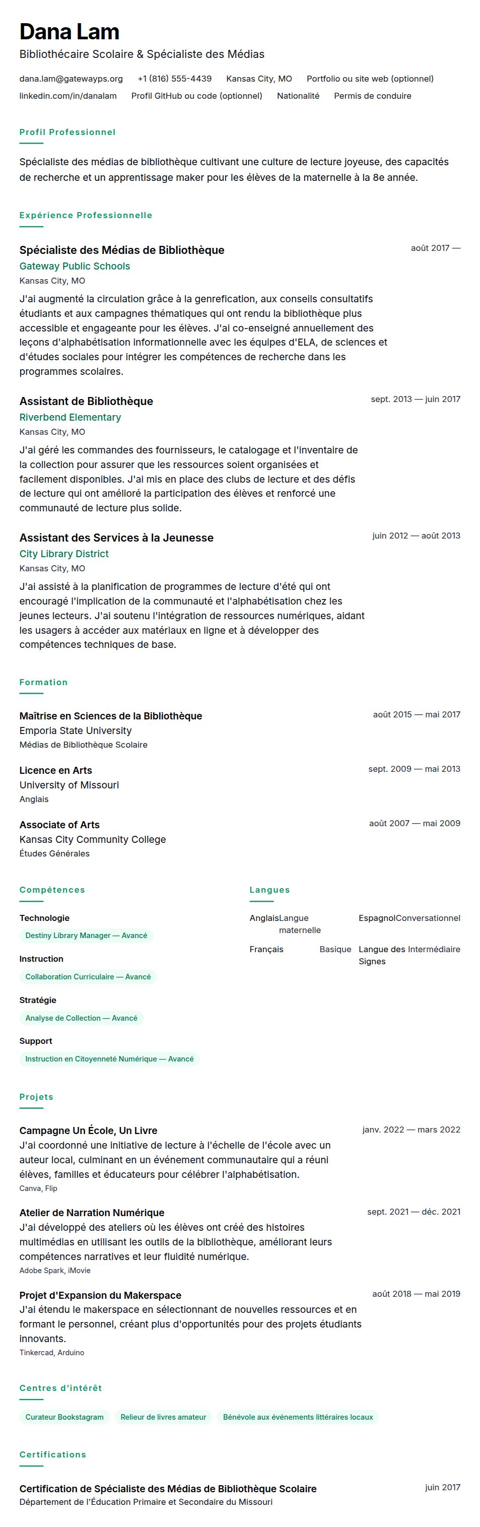 Exemple de CV de Bibliothécaire