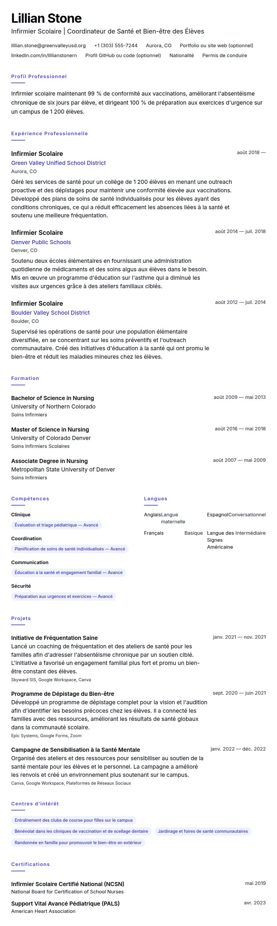 Aperçu du CV Exemple de CV d'Infirmier Scolaire