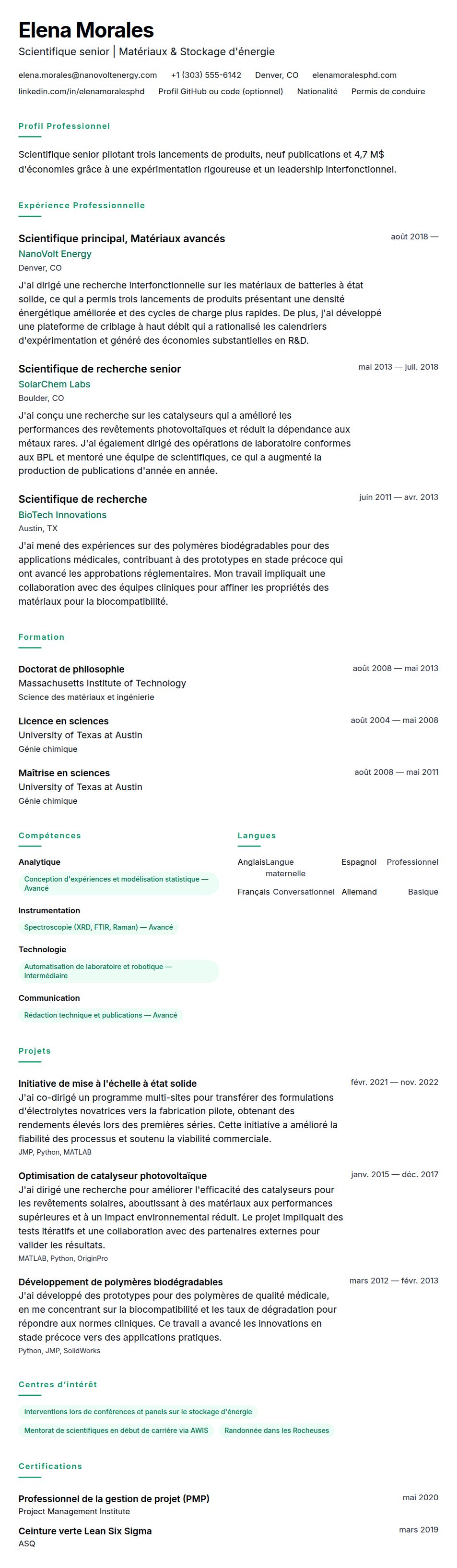 Aperçu du CV Exemple de CV de Scientifique