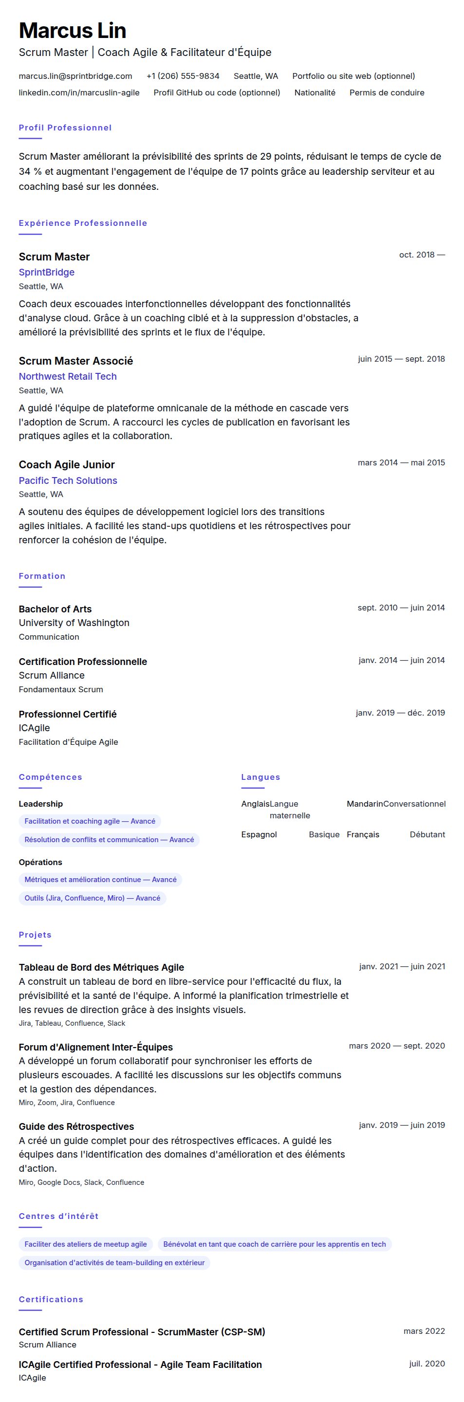 Exemple de CV Scrum Master