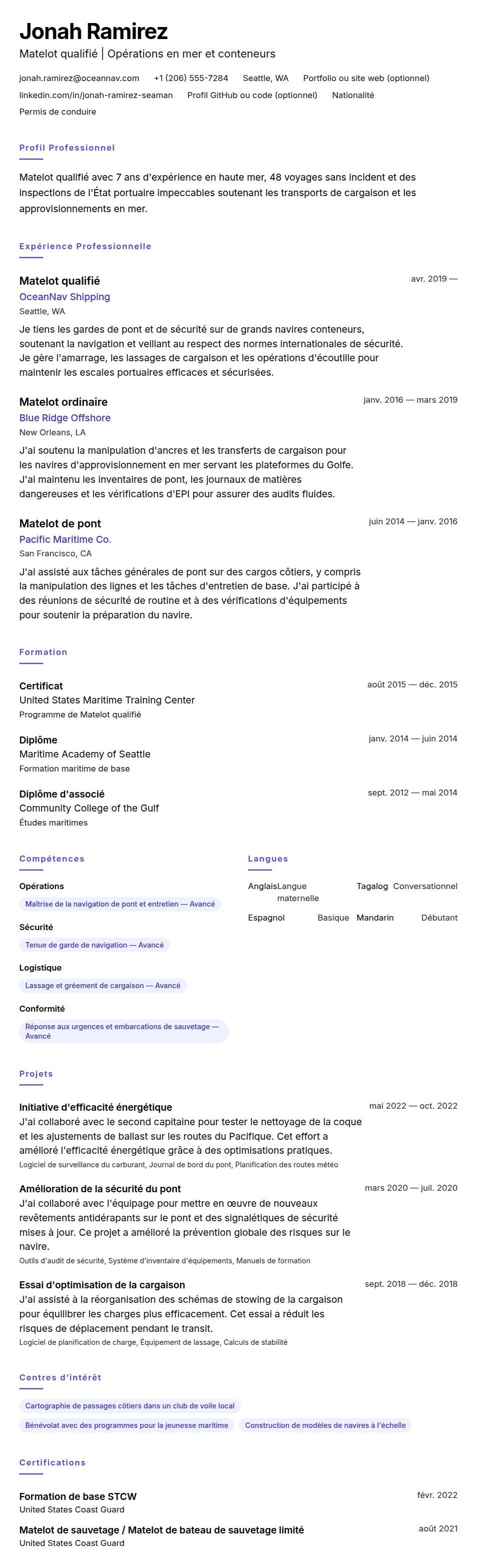 Aperçu du CV Exemple de CV de Marin