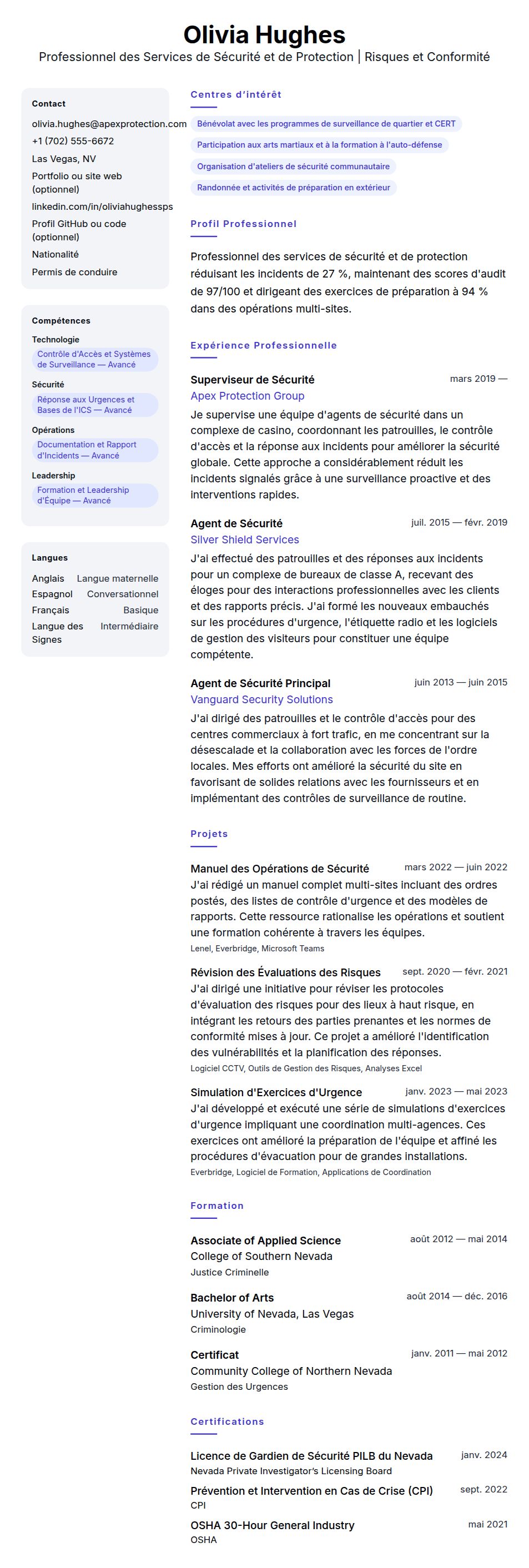 Exemple de CV pour Professionnel des Services de Sécurité et de Protection