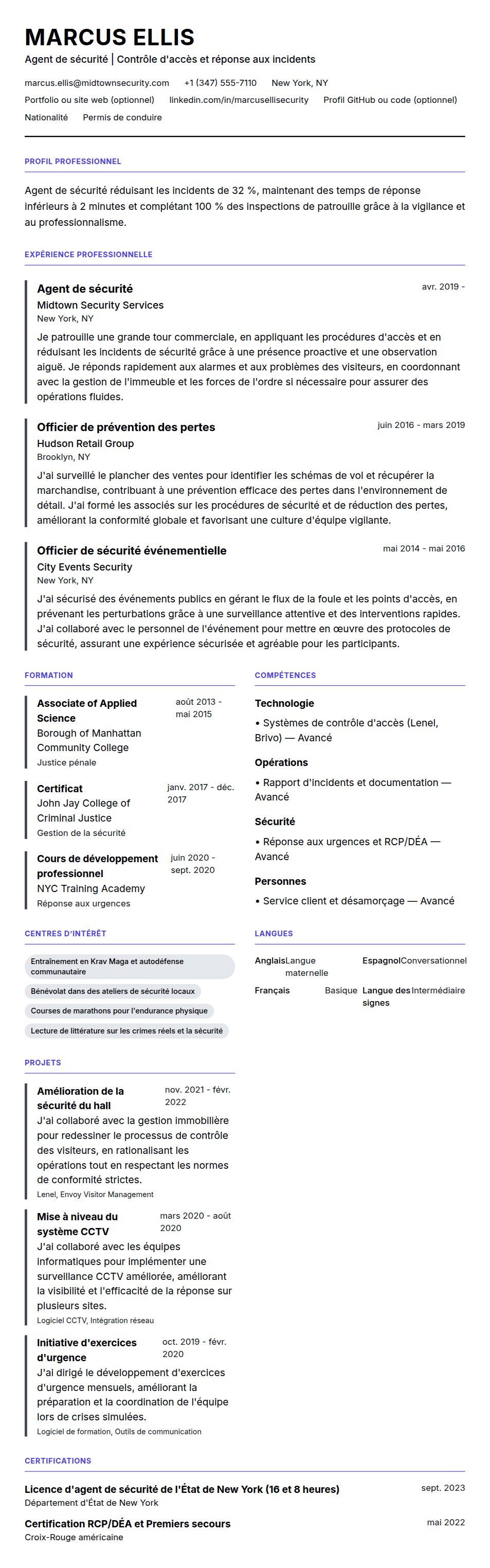 Exemple de CV d'agent de sécurité