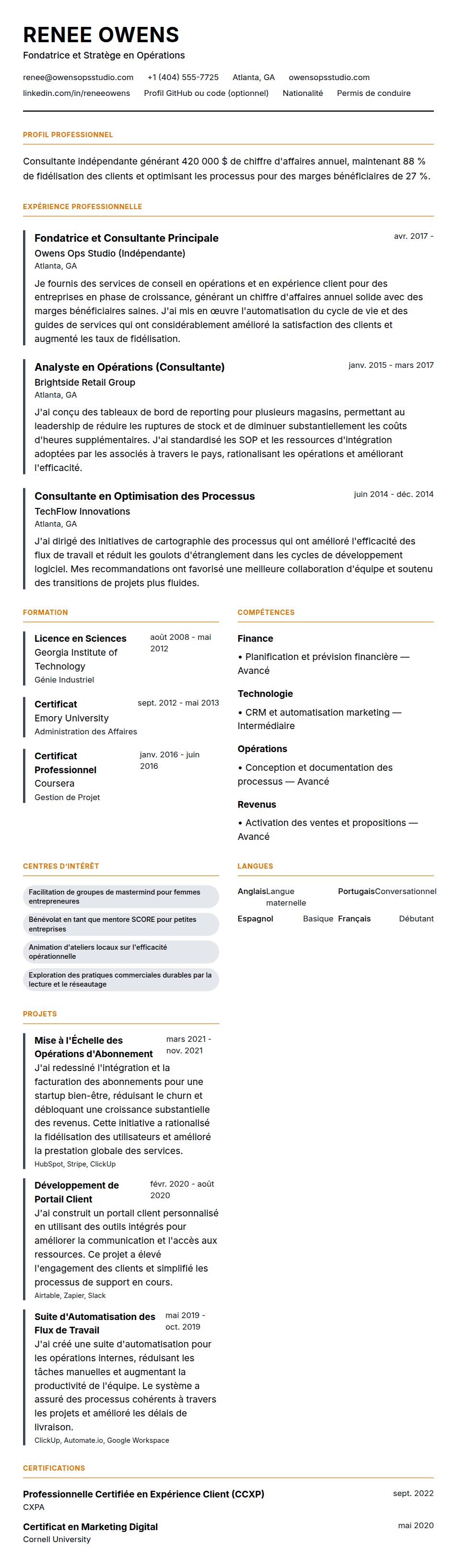 Aperçu du CV Exemple de CV pour Professionnel Indépendant