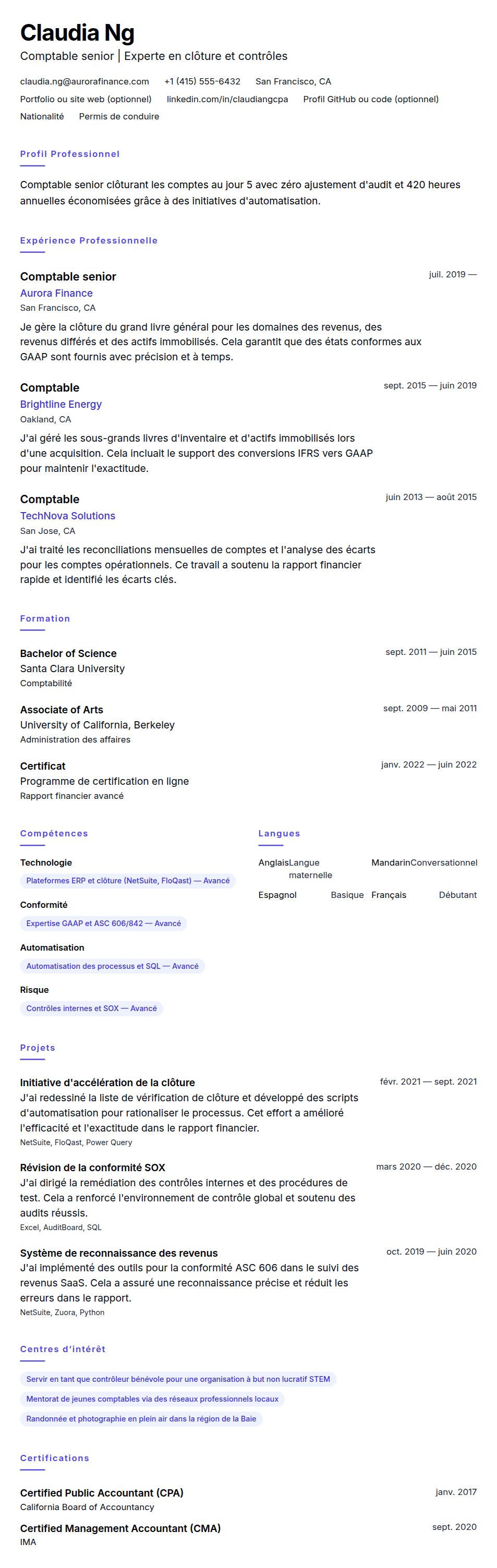 Aperçu du CV Exemple de CV de comptable senior