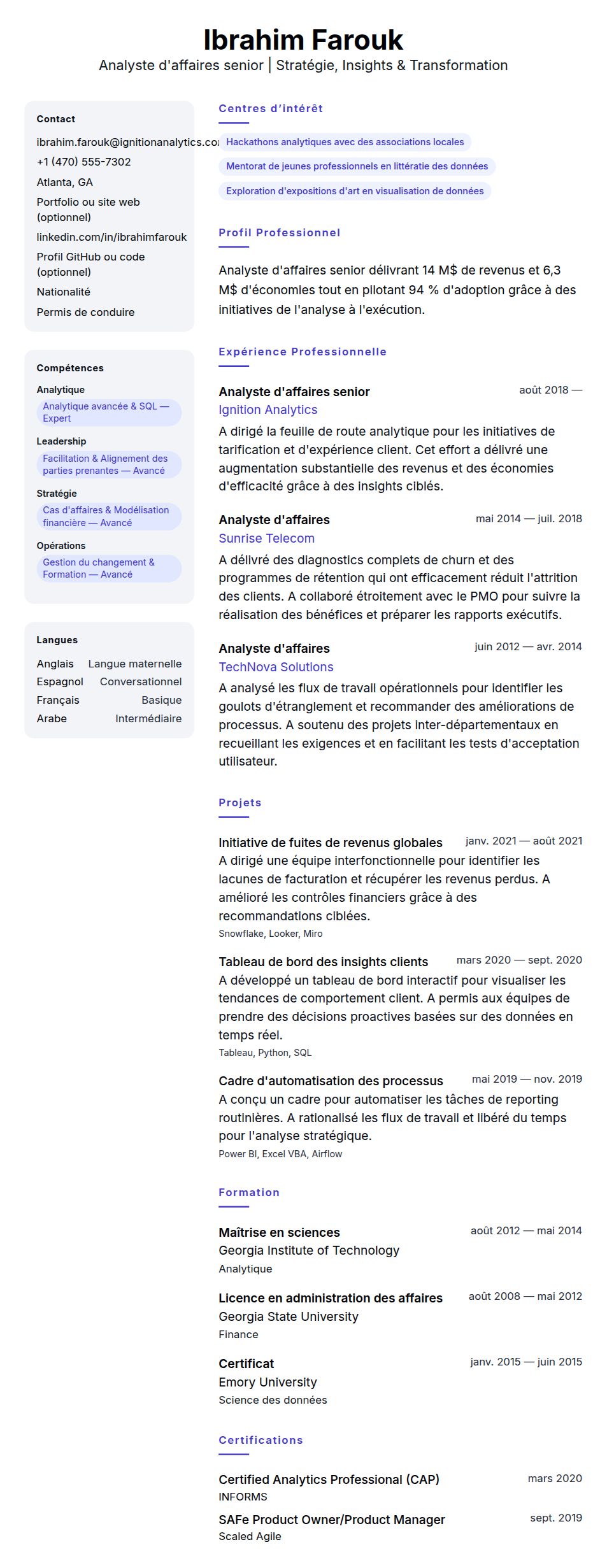 Aperçu du CV Exemple de CV d'Analyste d'affaires senior