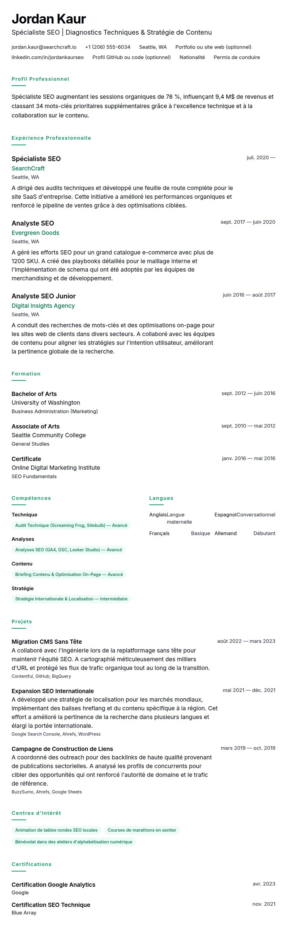 Aperçu du CV Exemple de CV de Spécialiste SEO