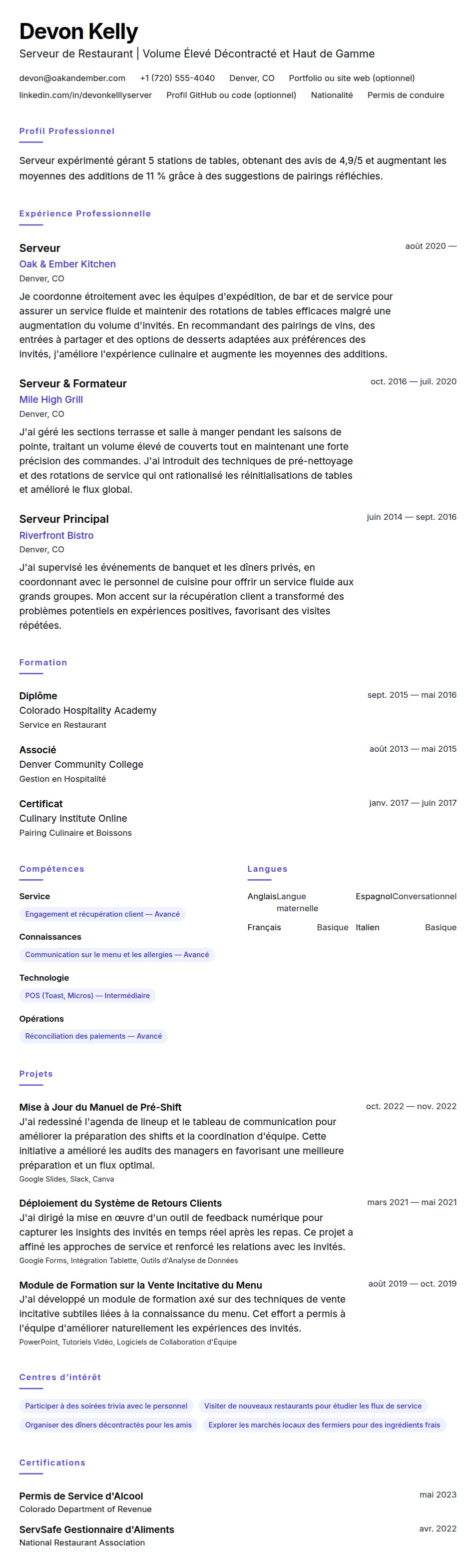 Aperçu du CV Exemple de CV de Serveur