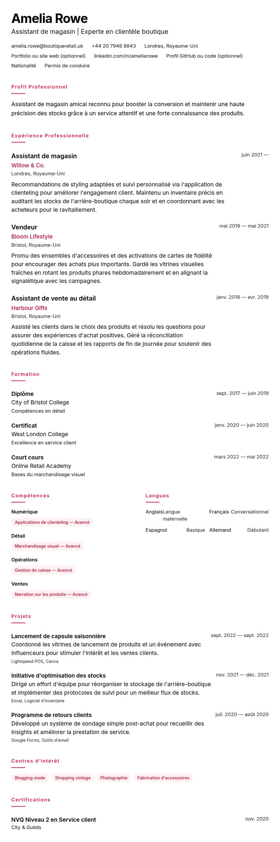 Aperçu du CV Exemple de CV pour Assistant de magasin