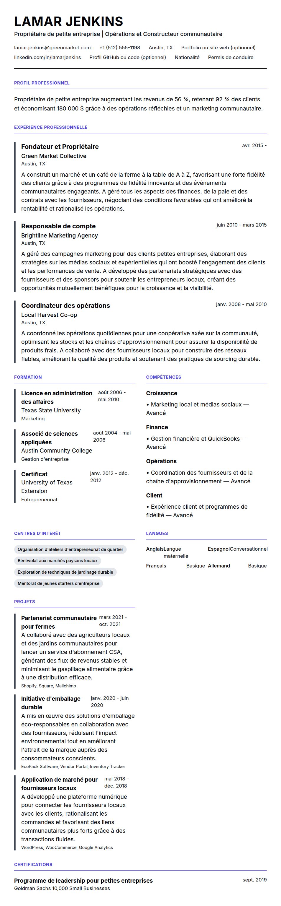 Aperçu du CV Exemple de CV de Propriétaire de Petite Entreprise