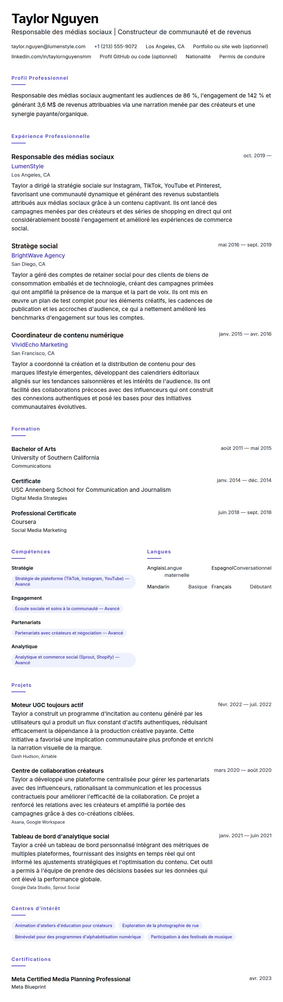 Aperçu du CV Exemple de CV pour Responsable des médias sociaux