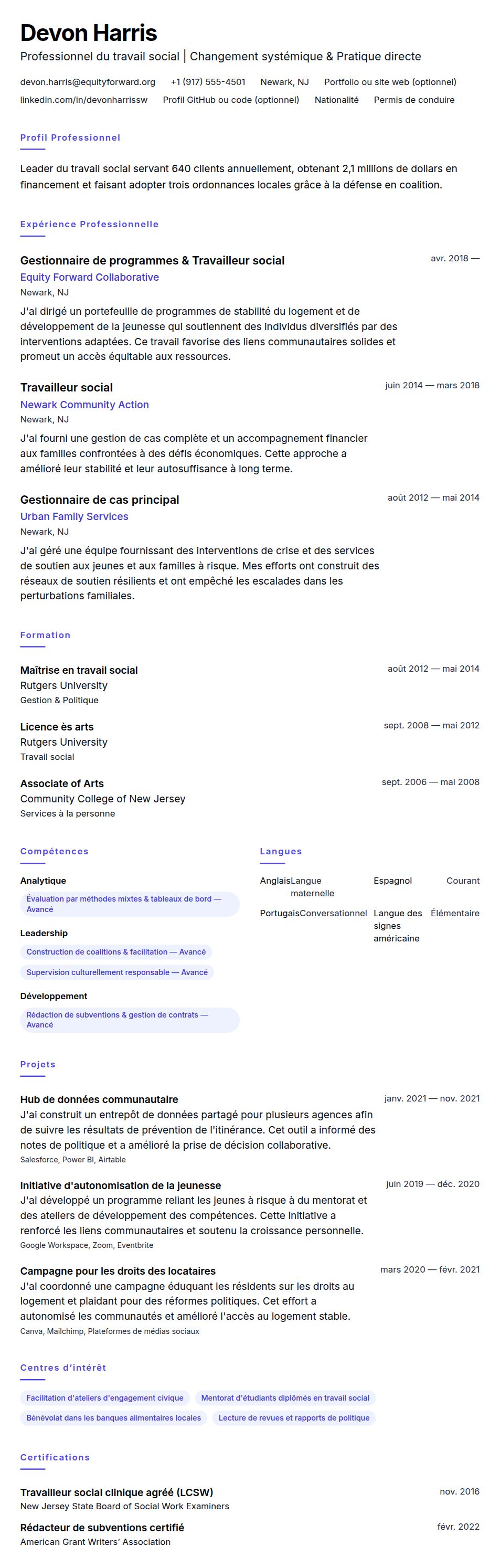 Aperçu du CV Exemple de CV de professionnel du travail social