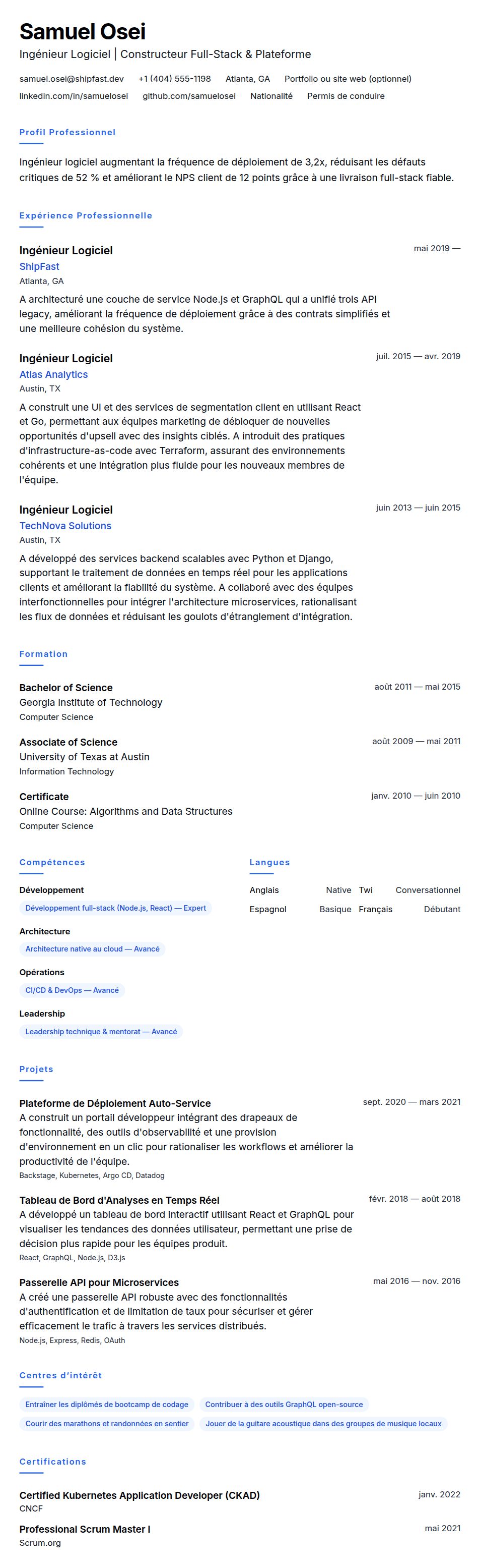 Aperçu du CV Exemple de CV d'Ingénieur Logiciel