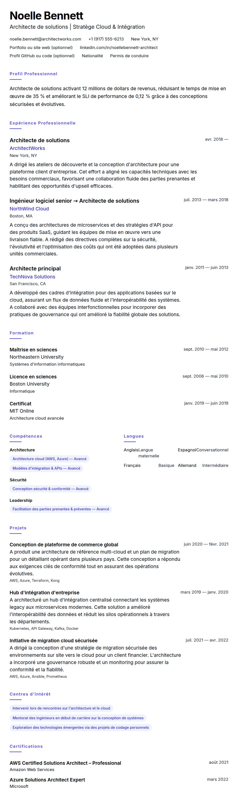 Aperçu du CV Exemple de CV d'Architecte de solutions